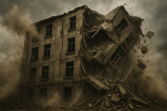 a building crumbling after a natural disaster
