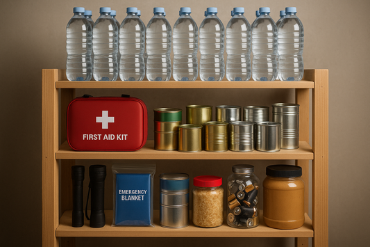 a shelve with emergency supplies on it